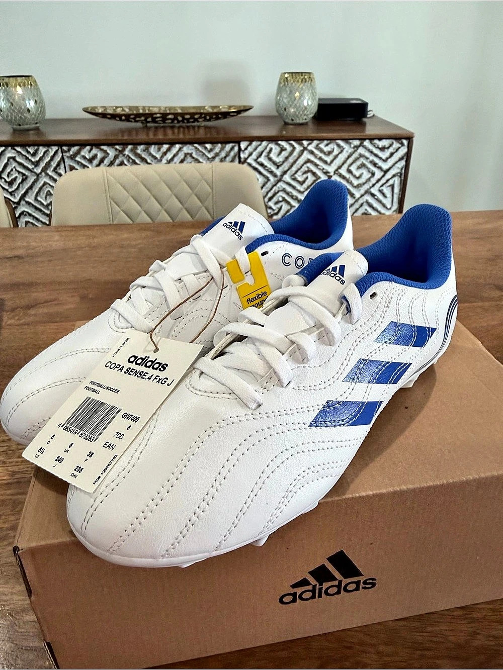 Adidas Copa Sense.4 FG J Soccer Cleats in White & Blue- Size 5.5Y/7W/5.5M BNIB